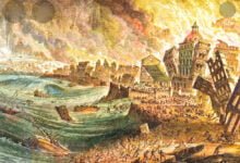 ريشة الفنان البرتغالي جواو جلاما (1708-1792) تصور زلزال لشبونة بالبرتغال عام 1755 (غيتي)