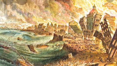 ريشة الفنان البرتغالي جواو جلاما (1708-1792) تصور زلزال لشبونة بالبرتغال عام 1755 (غيتي)